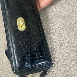 Black Leather Croc-Embossed Clutch with Gold Clasp
(Attached coin wallet inside)